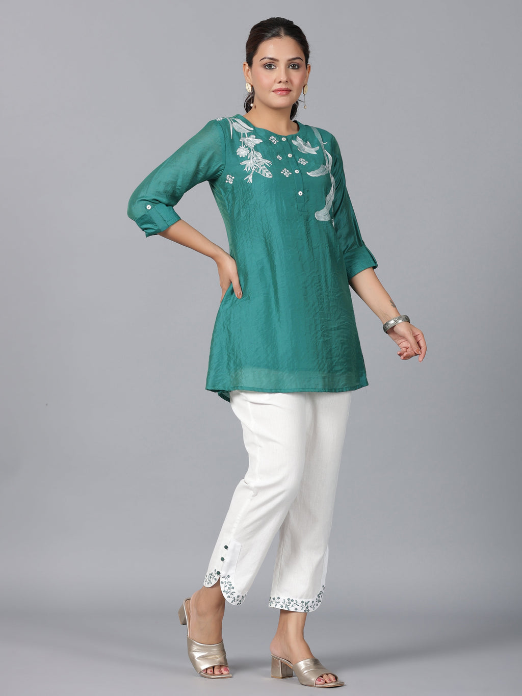 Juniper Women Green Chanderi Embroidered Clothing Set | Grocsy