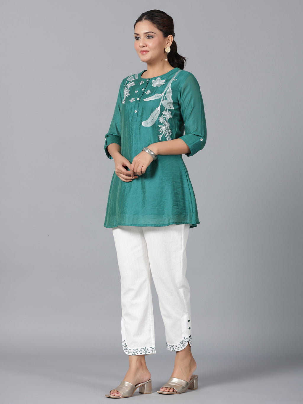 Juniper Women Green Chanderi Embroidered Clothing Set | Grocsy