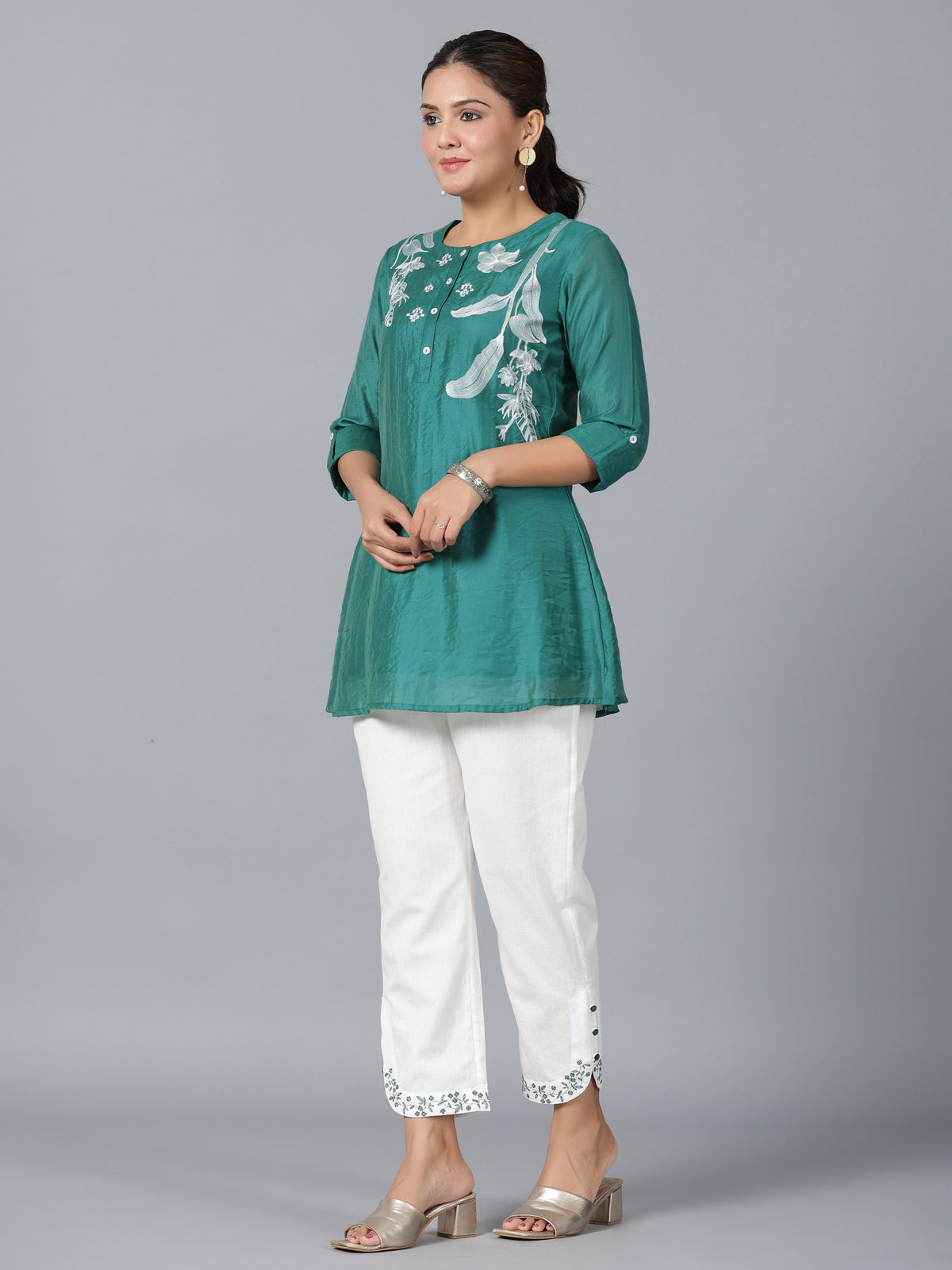 Juniper Women Green Chanderi Embroidered Clothing Set | Grocsy