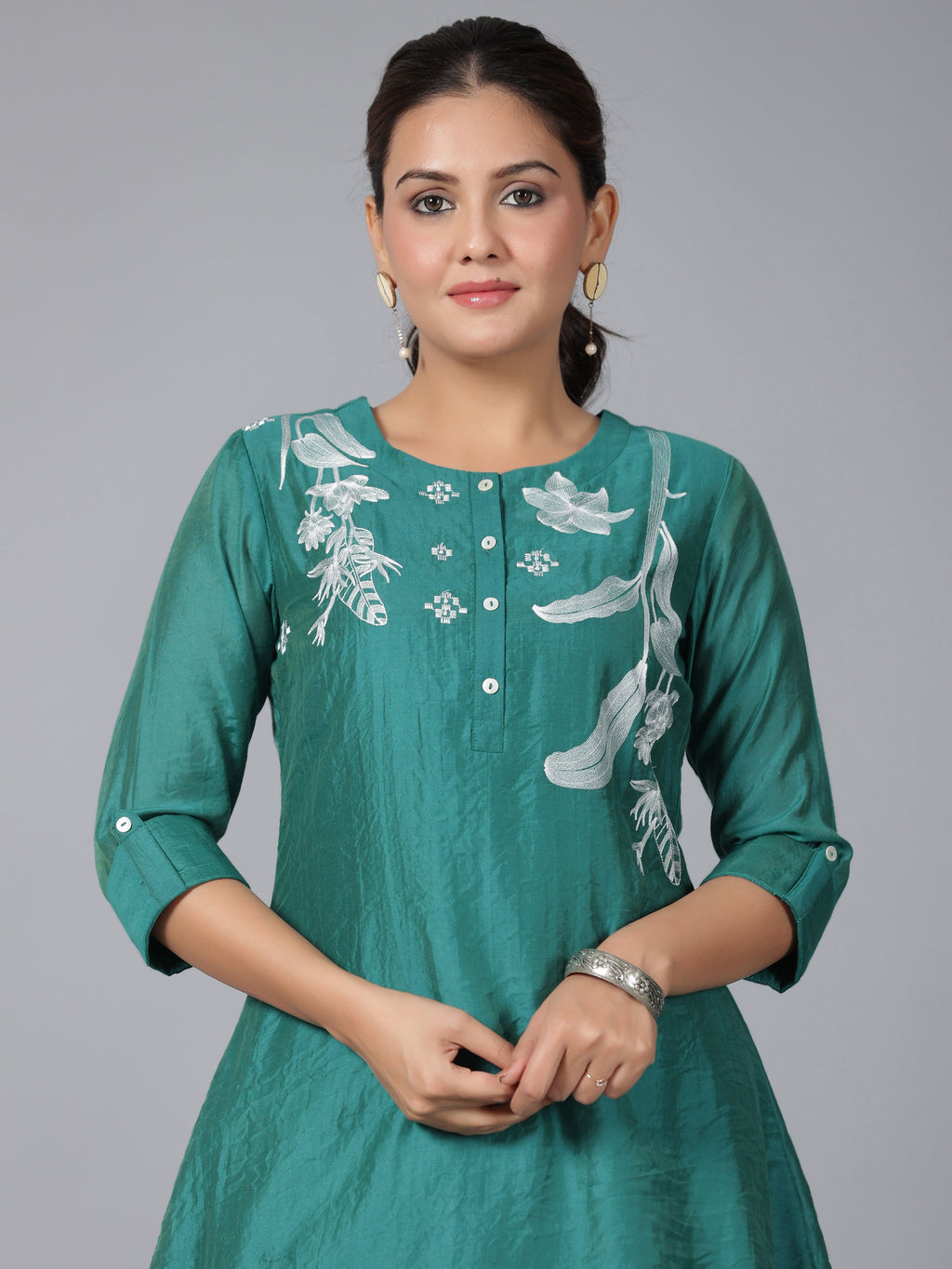 Juniper Women Green Chanderi Embroidered Clothing Set | Grocsy