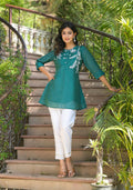 Juniper Green Solid Chanderi Tunic With Thread Work & Buttons | Grocsy