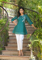 Juniper Green Solid Chanderi Tunic With Thread Work & Buttons | Grocsy