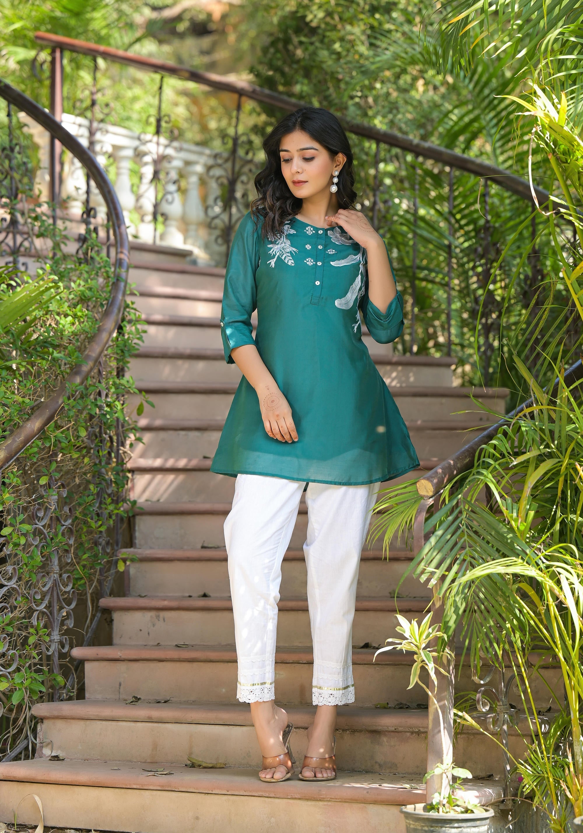 Juniper Green Solid Chanderi Tunic With Thread Work & Buttons | Grocsy