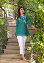 Juniper Green Solid Chanderi Tunic With Thread Work & Buttons | Grocsy