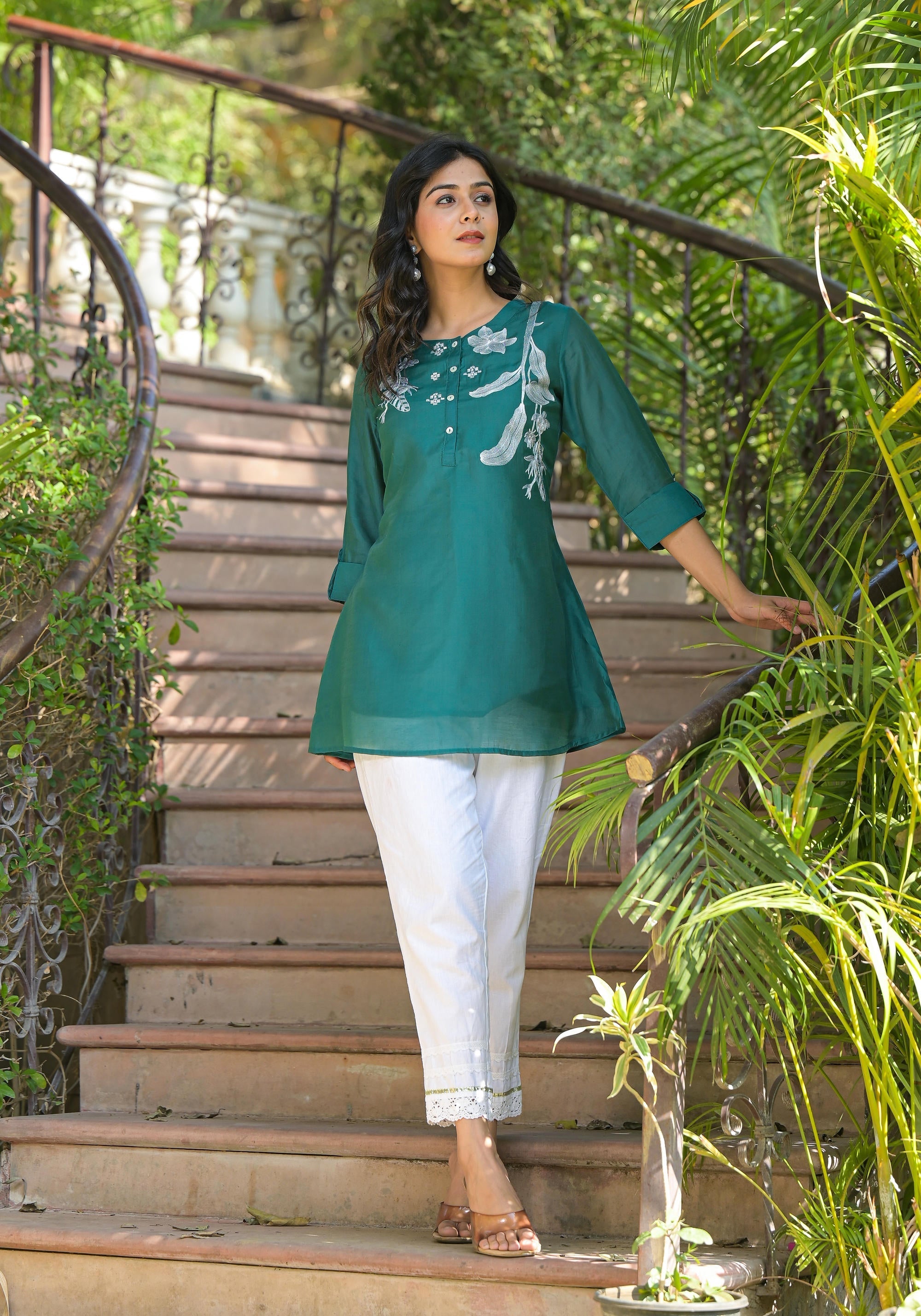 Juniper Green Solid Chanderi Tunic With Thread Work & Buttons | Grocsy