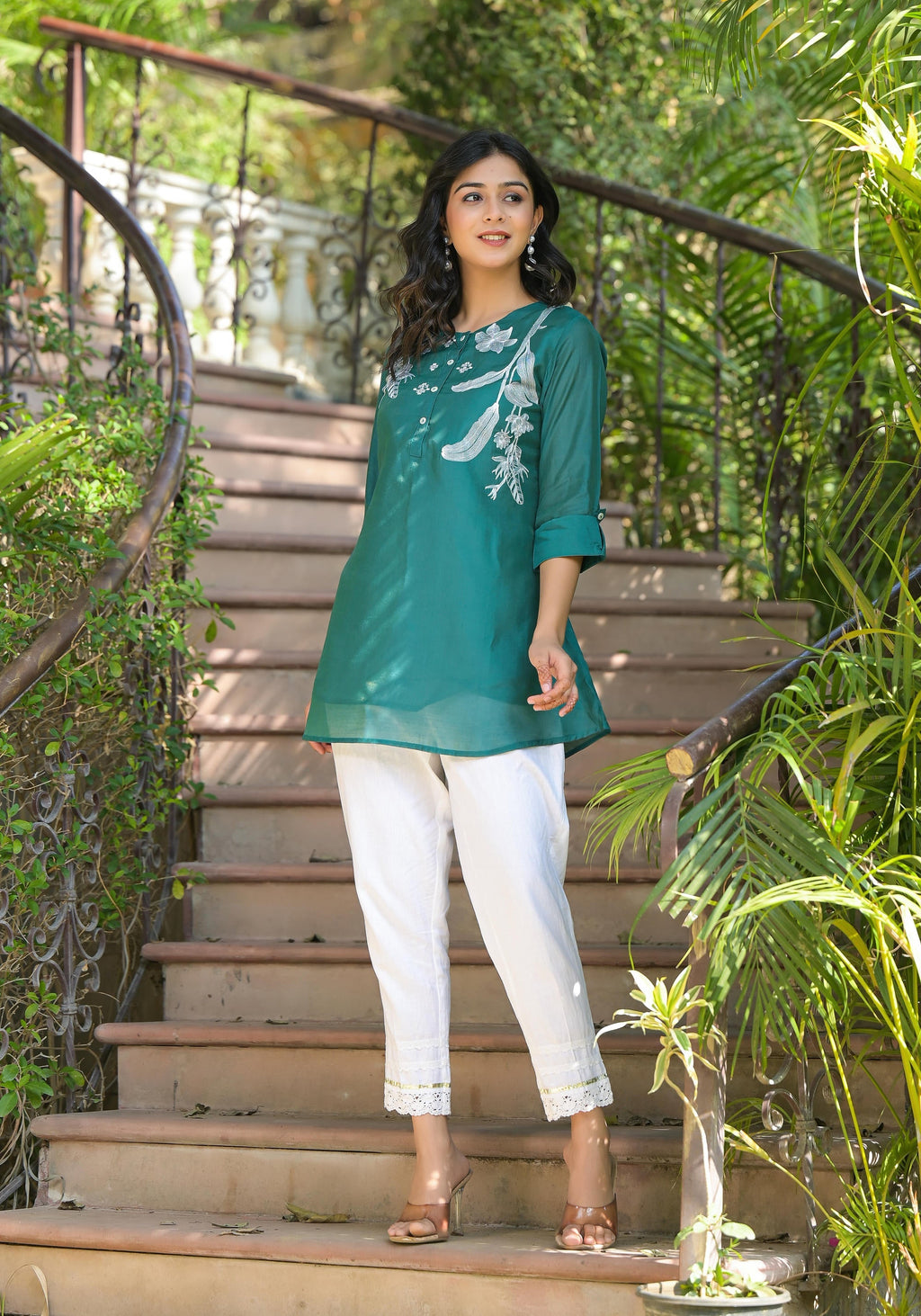 Juniper Green Solid Chanderi Tunic With Thread Work & Buttons | Grocsy