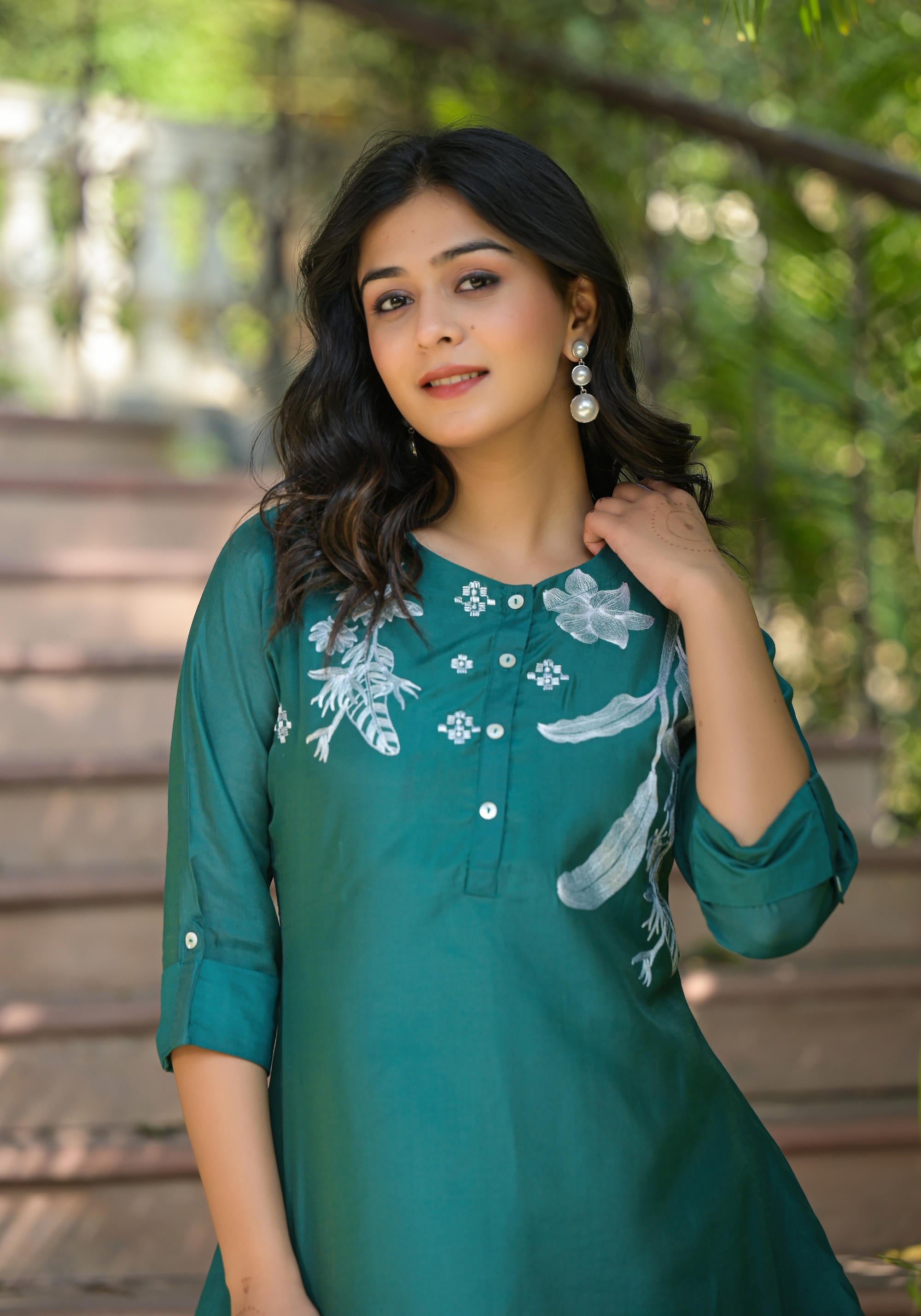 Juniper Green Solid Chanderi Tunic With Thread Work & Buttons | Grocsy