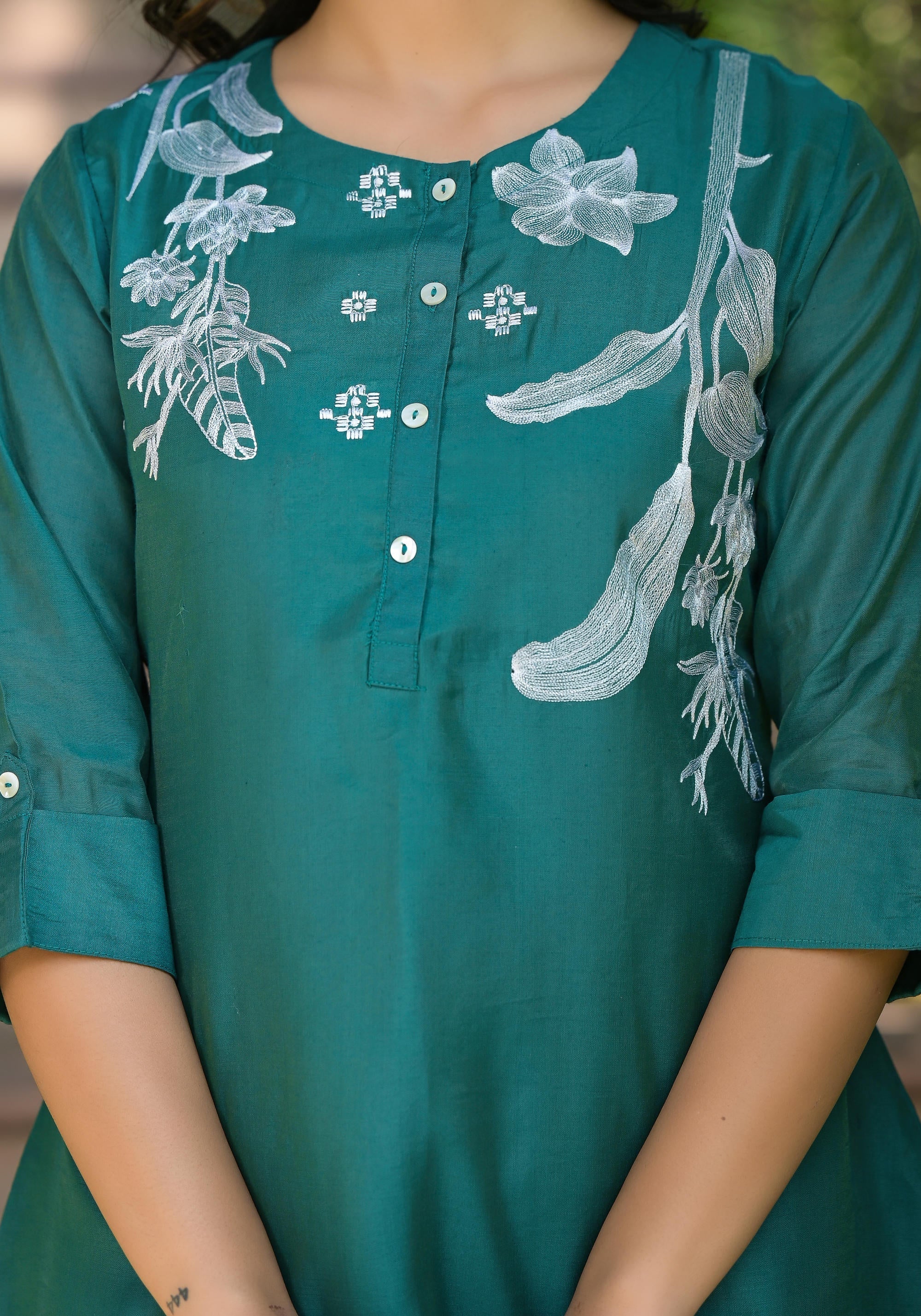 Juniper Green Solid Chanderi Tunic With Thread Work & Buttons | Grocsy