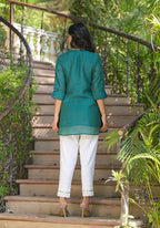Juniper Green Solid Chanderi Tunic With Thread Work & Buttons | Grocsy