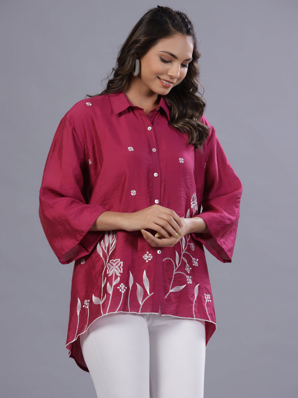 Juniper Women Fuchsia Chanderi Embroidered Clothing Set | Grocsy
