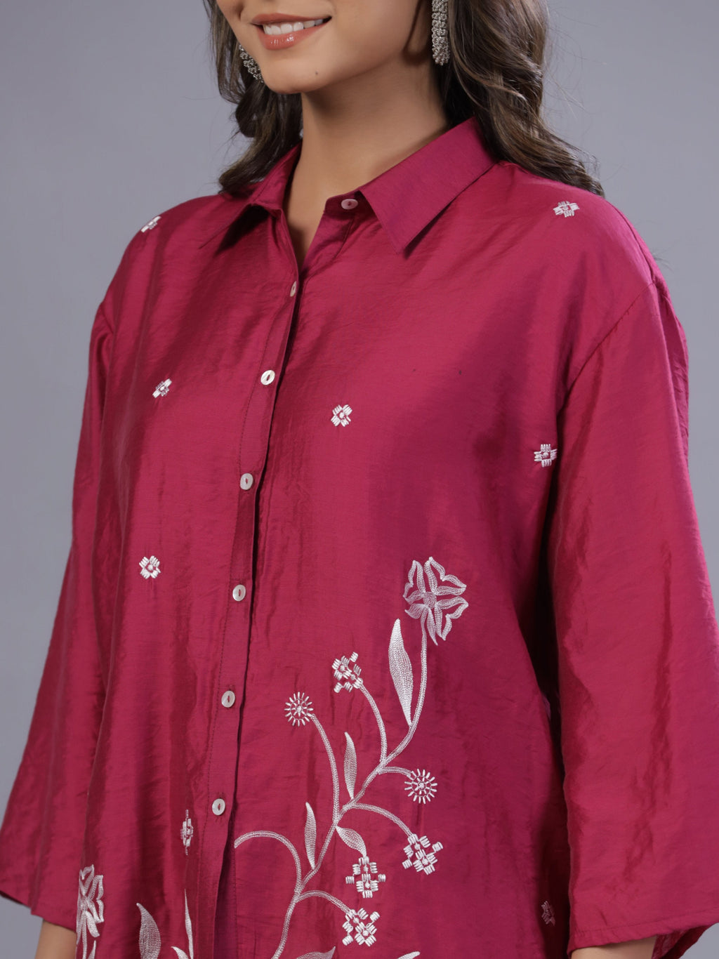 Juniper Women Fuchsia Chanderi Embroidered Clothing Set | Grocsy