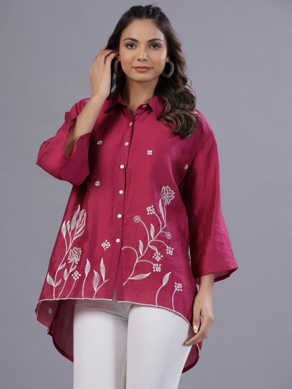 Juniper Women Fuchsia Chanderi Embroidered Clothing Set | Grocsy