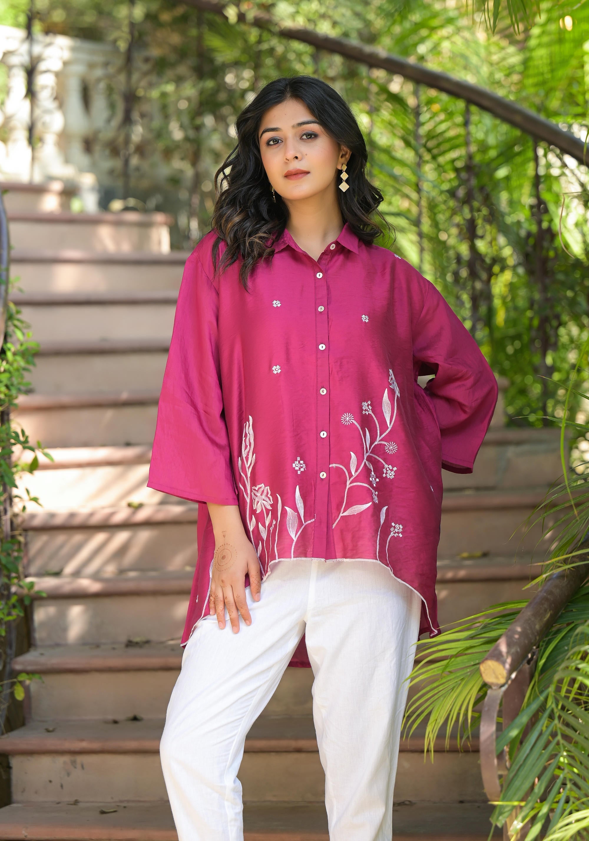 Juniper Fuchsia Thread Embroidered Chanderi Tunic With Button Closure | Grocsy