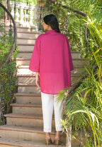 Juniper Fuchsia Thread Embroidered Chanderi Tunic With Button Closure | Grocsy