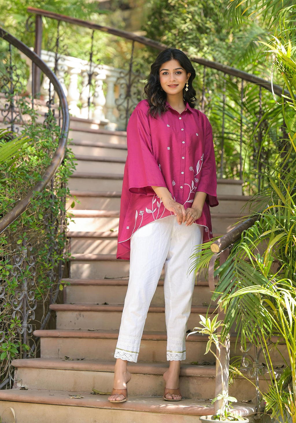 Juniper Fuchsia Thread Embroidered Chanderi Tunic With Button Closure | Grocsy