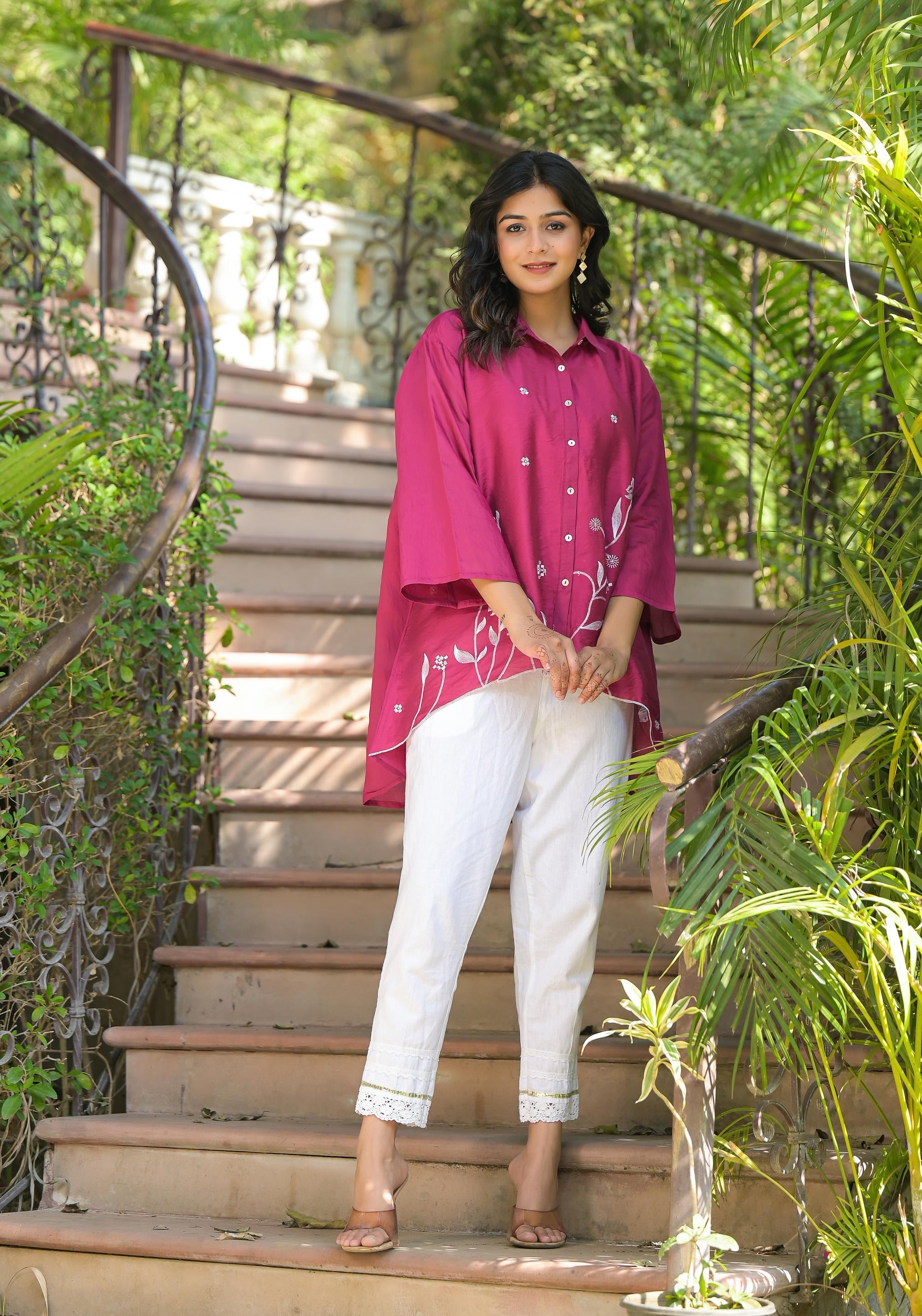 Juniper Fuchsia Thread Embroidered Chanderi Tunic With Button Closure | Grocsy