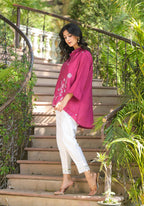 Juniper Fuchsia Thread Embroidered Chanderi Tunic With Button Closure | Grocsy