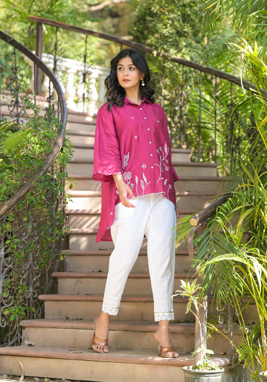 Juniper Fuchsia Thread Embroidered Chanderi Tunic With Button Closure | Grocsy