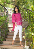 Juniper Fuchsia Thread Embroidered Chanderi Tunic With Button Closure | Grocsy