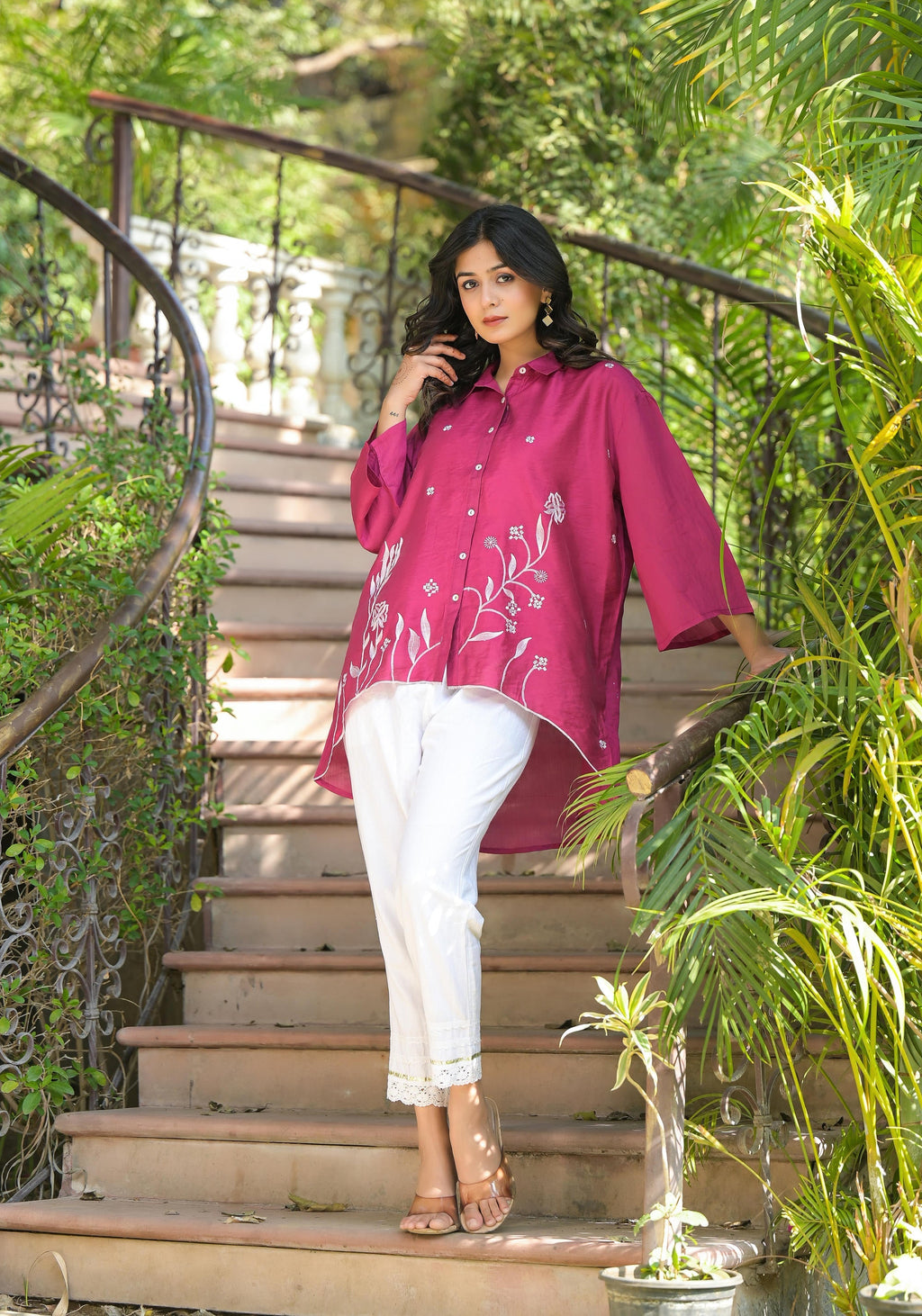 Juniper Fuchsia Thread Embroidered Chanderi Tunic With Button Closure | Grocsy