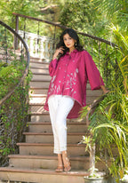 Juniper Fuchsia Thread Embroidered Chanderi Tunic With Button Closure | Grocsy