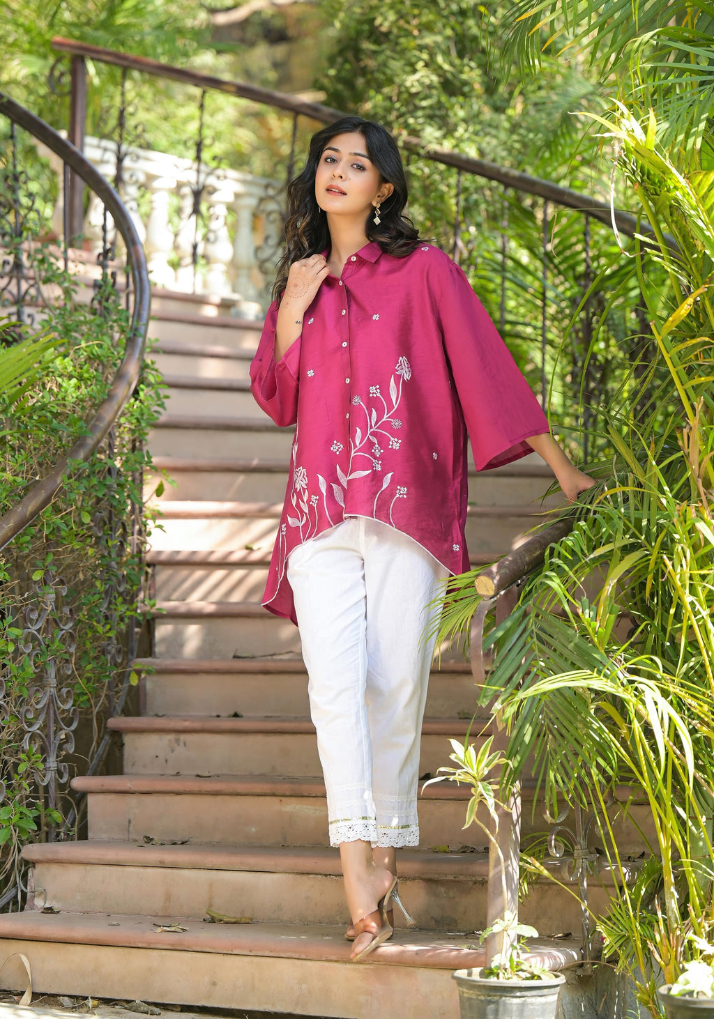 Juniper Fuchsia Thread Embroidered Chanderi Tunic With Button Closure | Grocsy
