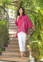 Juniper Fuchsia Thread Embroidered Chanderi Tunic With Button Closure | Grocsy