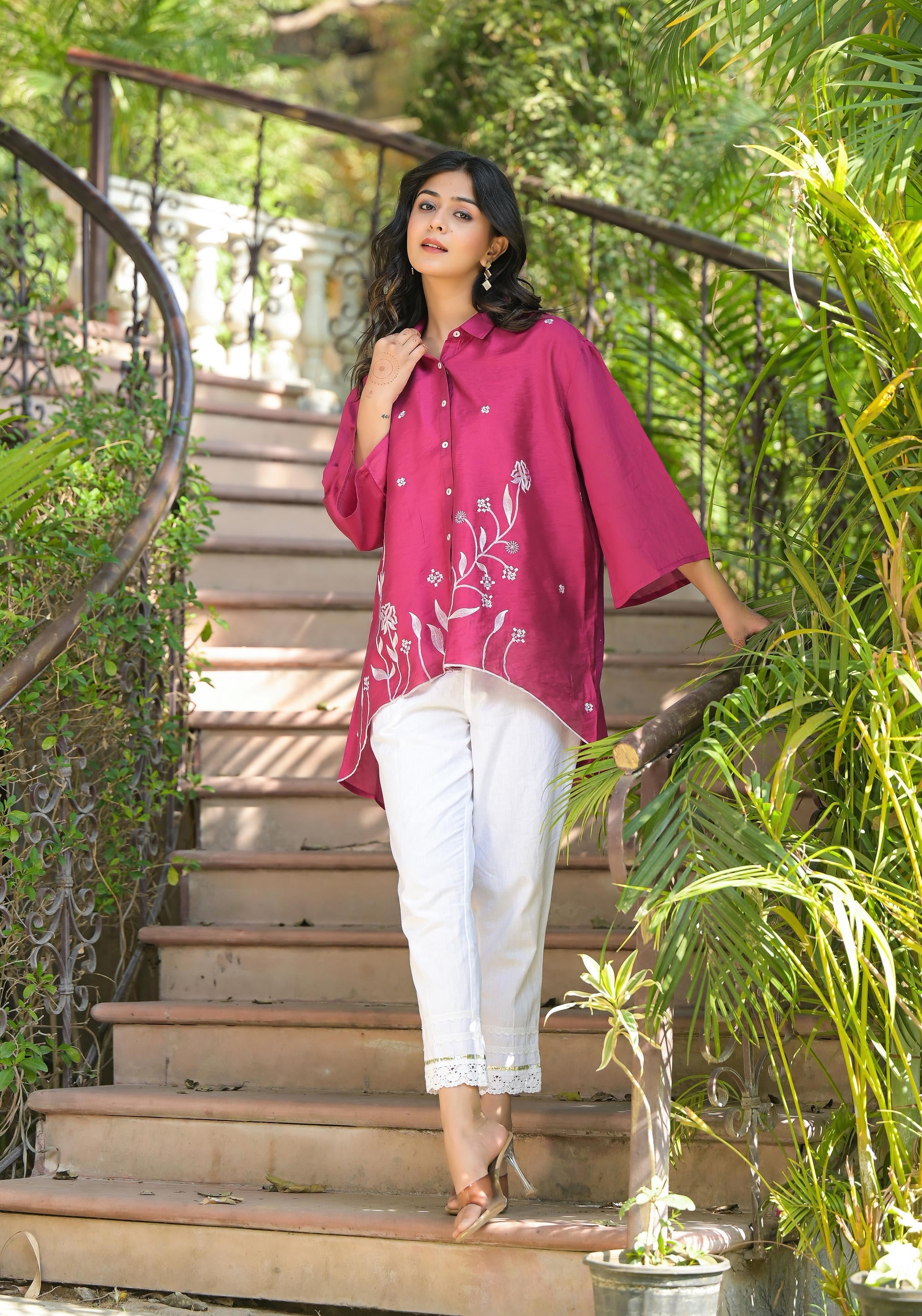 Juniper Fuchsia Thread Embroidered Chanderi Tunic With Button Closure | Grocsy