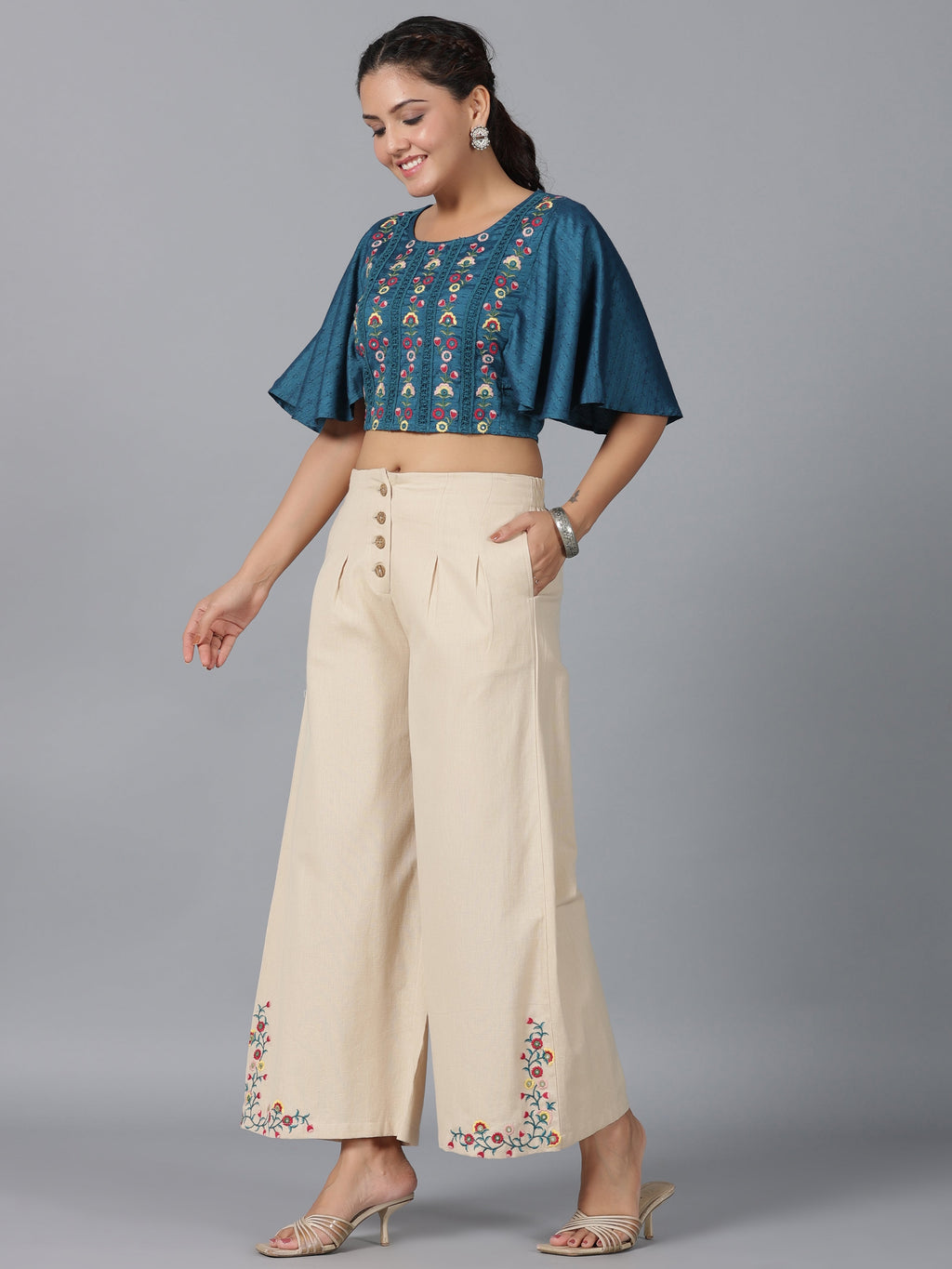 Juniper Women Blue Rayon Embroidered Clothing Set | Grocsy