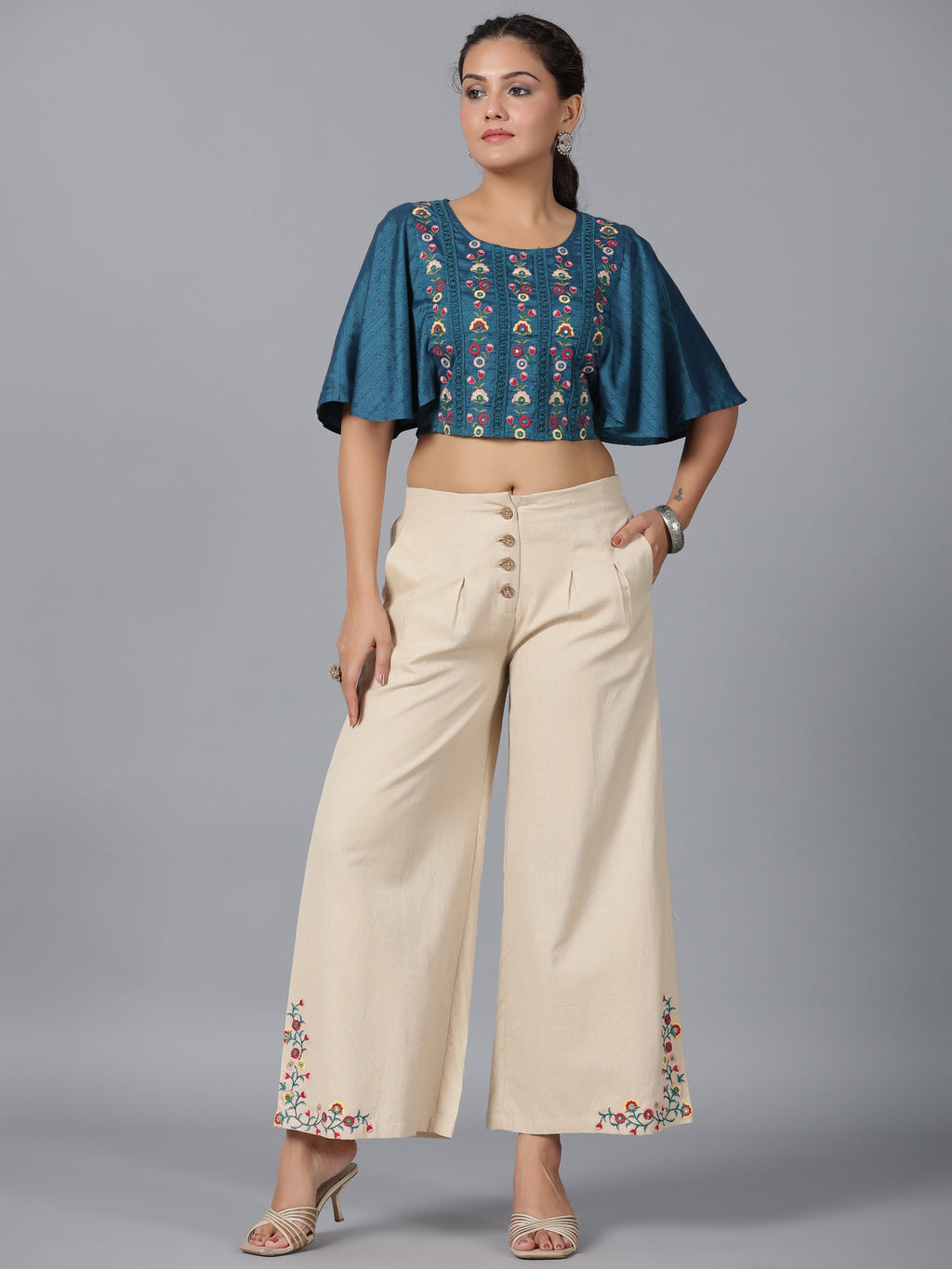 Juniper Women Blue Rayon Embroidered Clothing Set | Grocsy