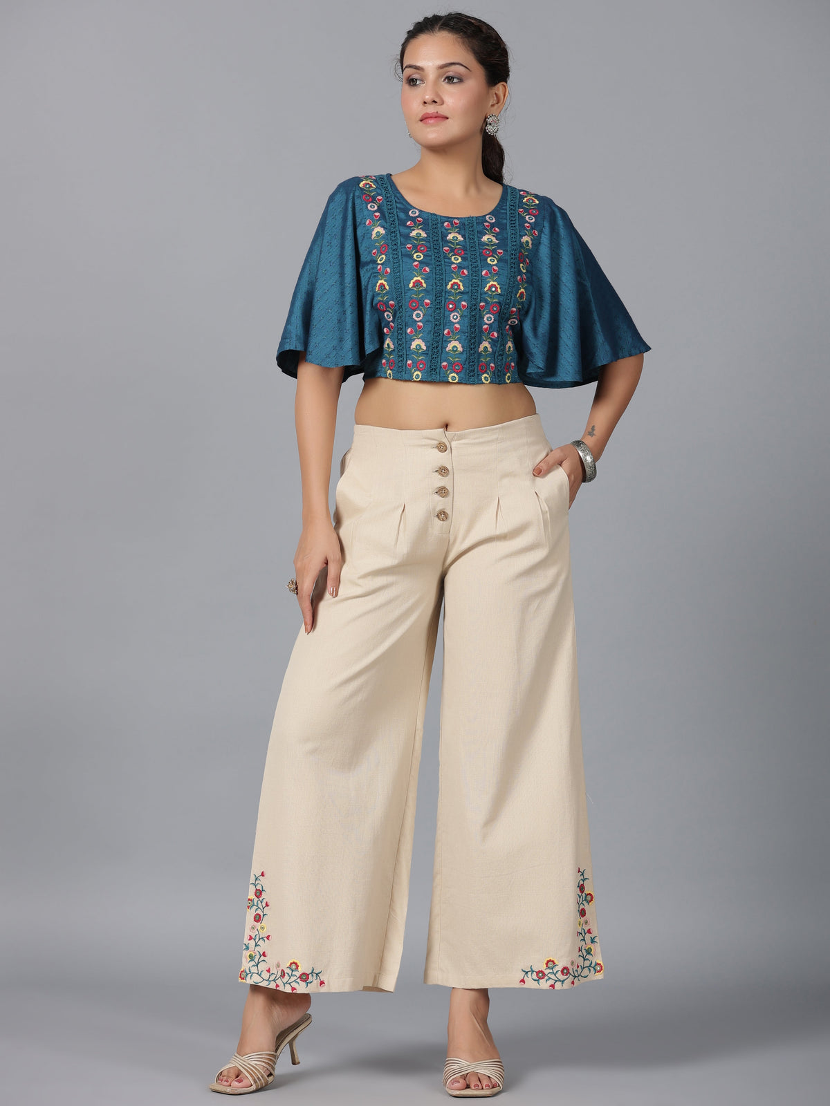 Juniper Women Blue Rayon Embroidered Clothing Set | Grocsy