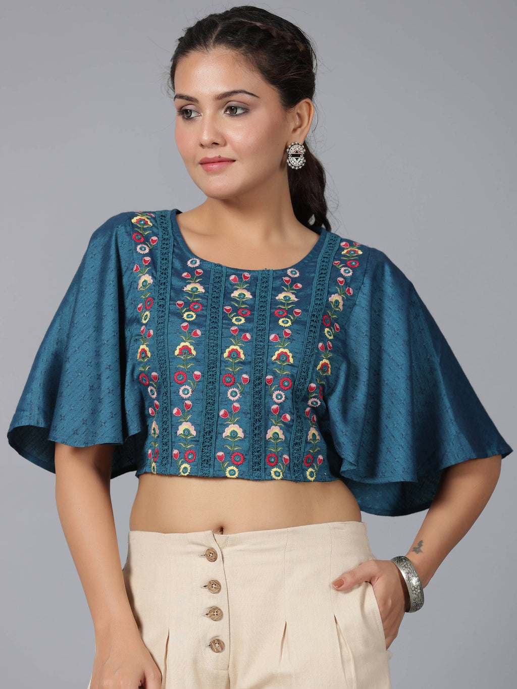 Juniper Women Blue Rayon Embroidered Clothing Set | Grocsy