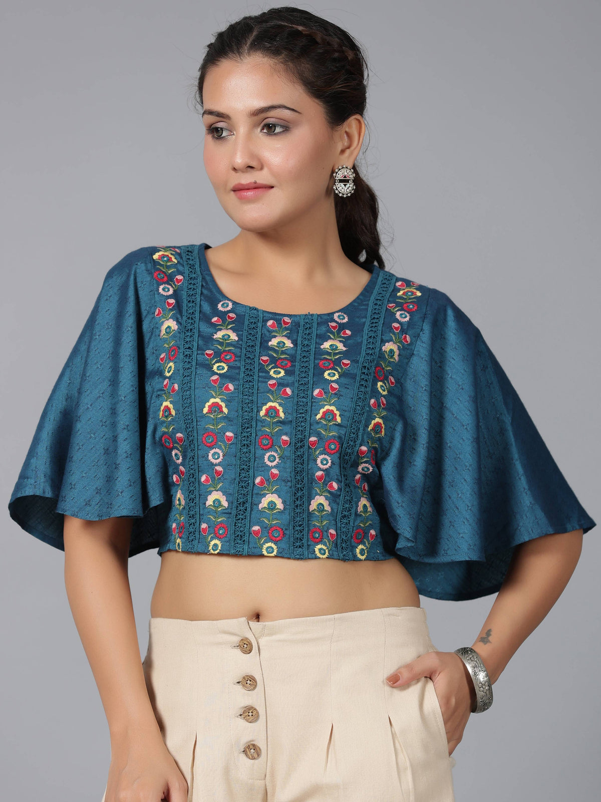 Juniper Women Blue Rayon Embroidered Clothing Set | Grocsy