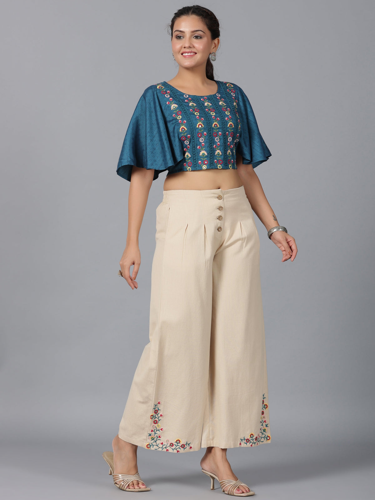 Juniper Women Blue Rayon Embroidered Clothing Set | Grocsy