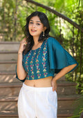 Juniper Women's Blue Thread Embroidered Rayon Top With Mirror Work | Grocsy
