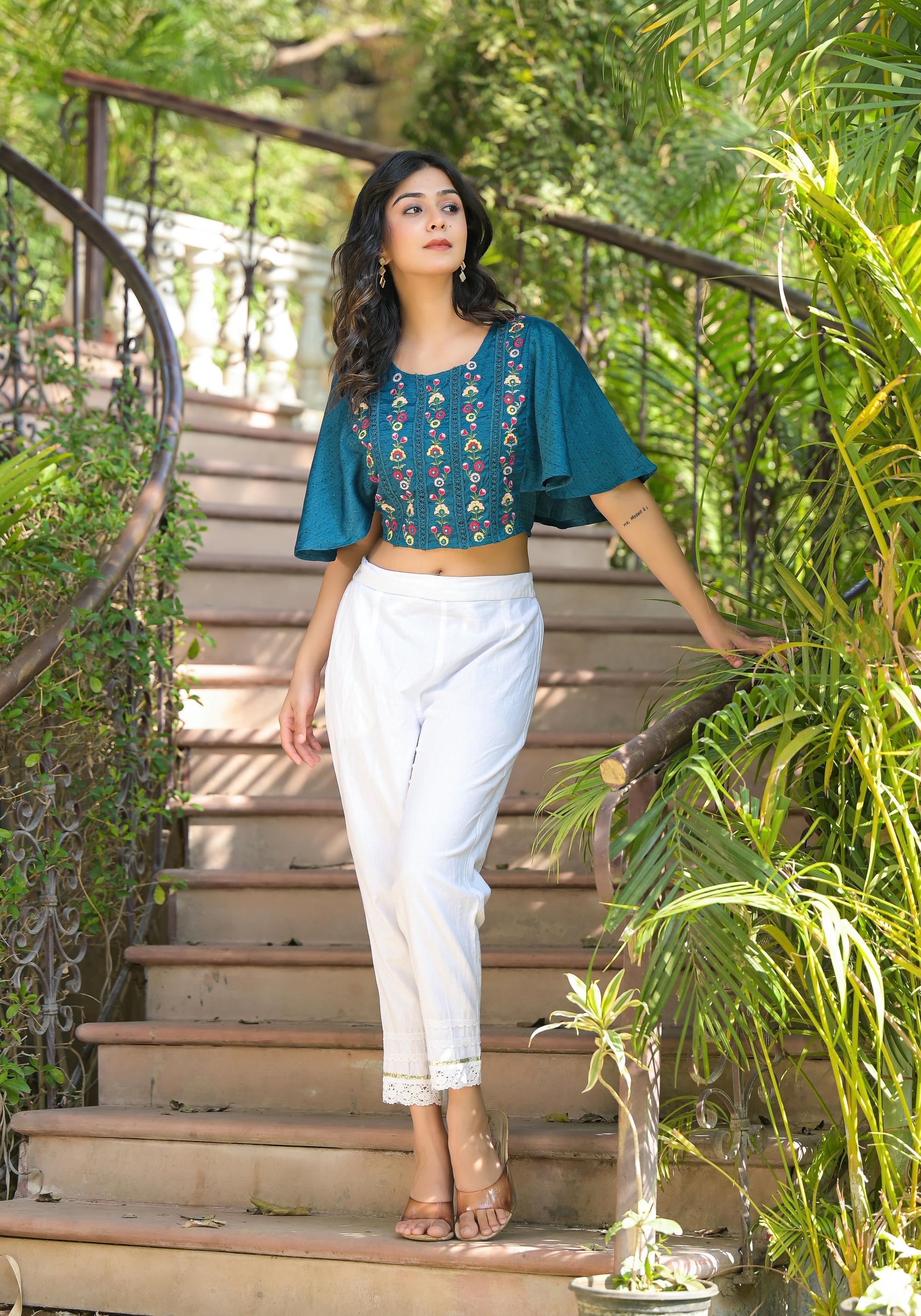 Juniper Women's Blue Thread Embroidered Rayon Top With Mirror Work | Grocsy