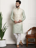 Sojanya Woven Design Mandarin Collar Kurta with Churidar & Nehru Jacket | Grocsy