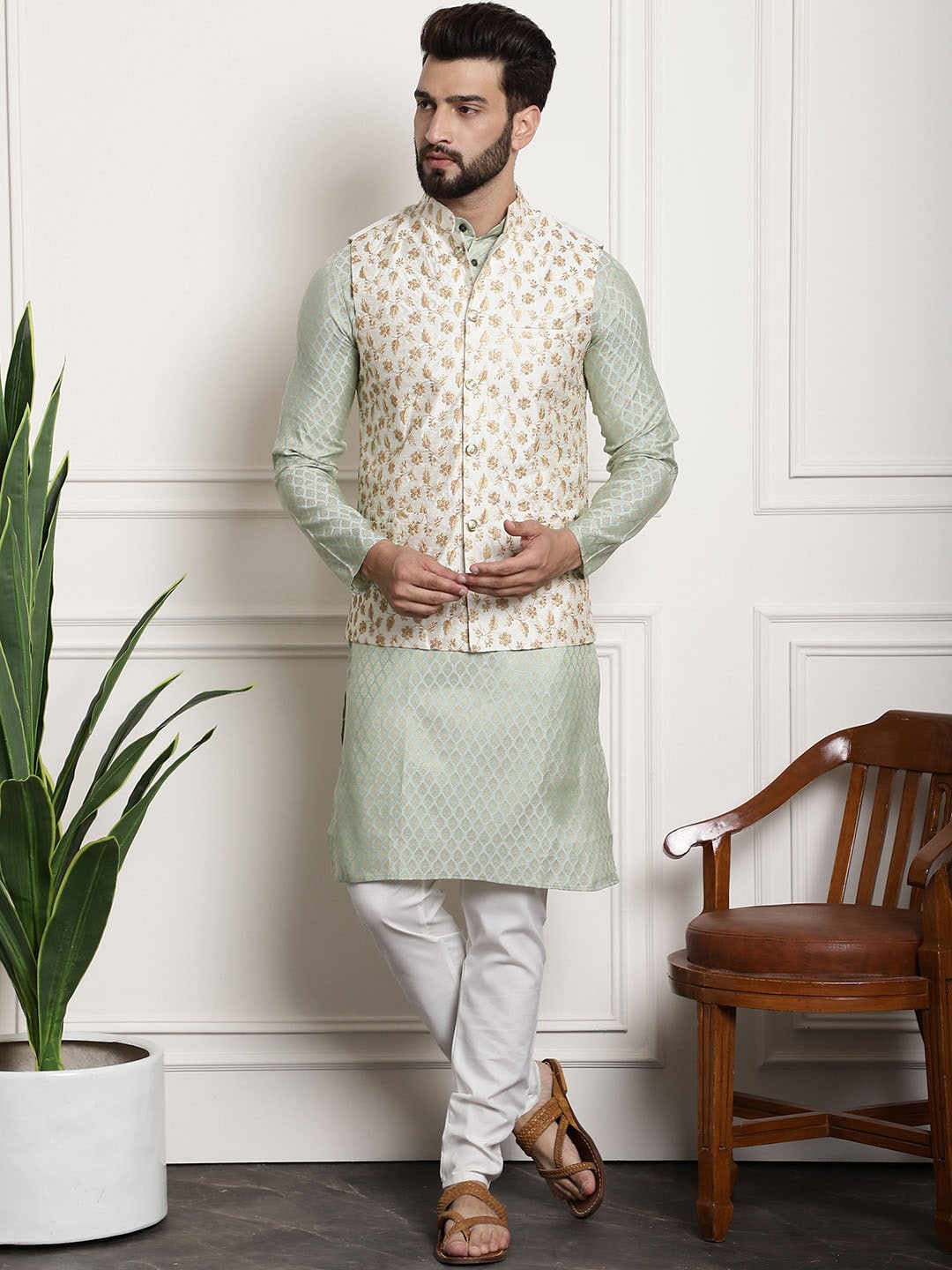 Sojanya Woven Design Mandarin Collar Kurta with Churidar & Nehru Jacket | Grocsy