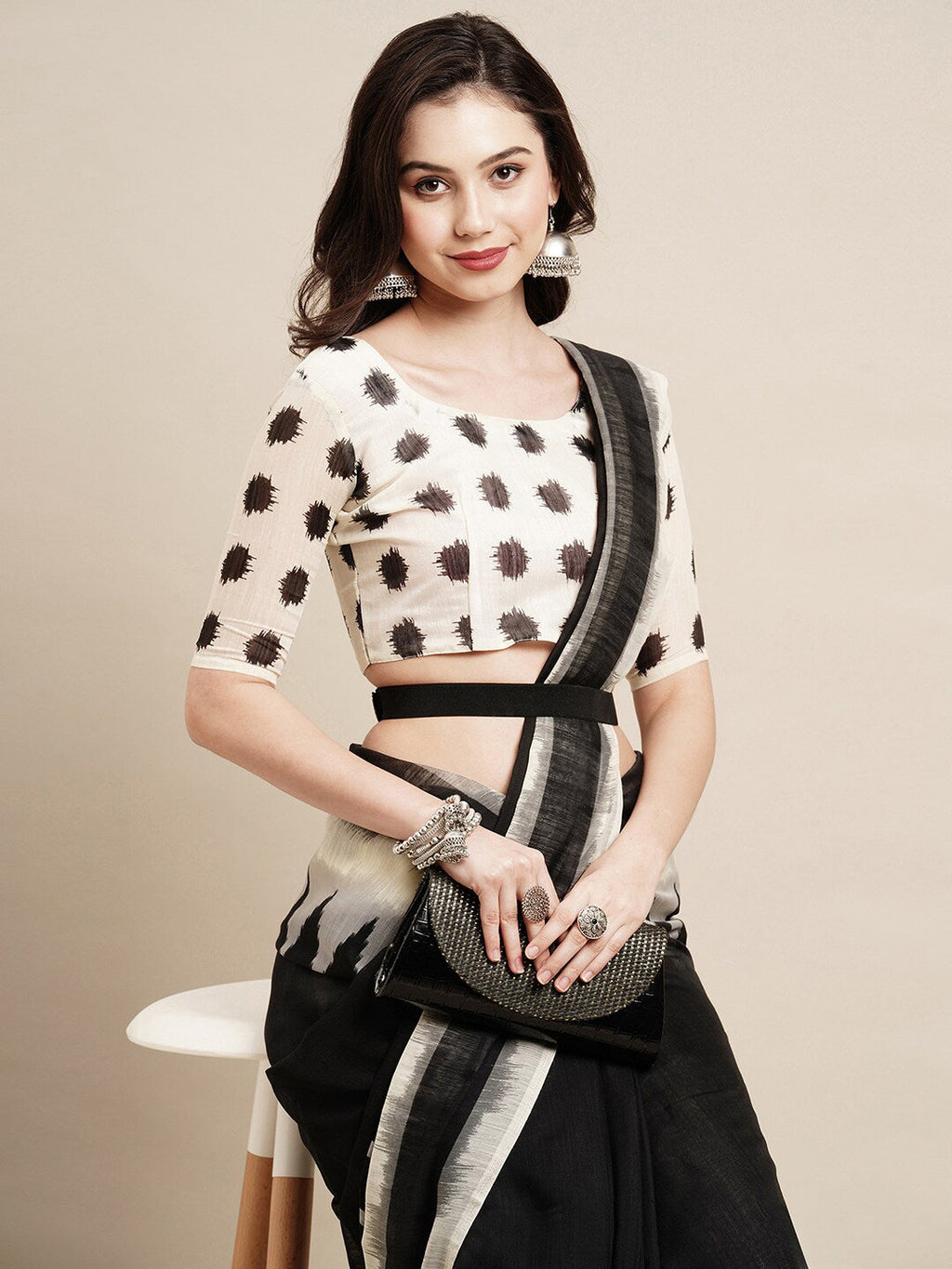 Saree Mall Black & White Pure Cotton Saree | Grocsy