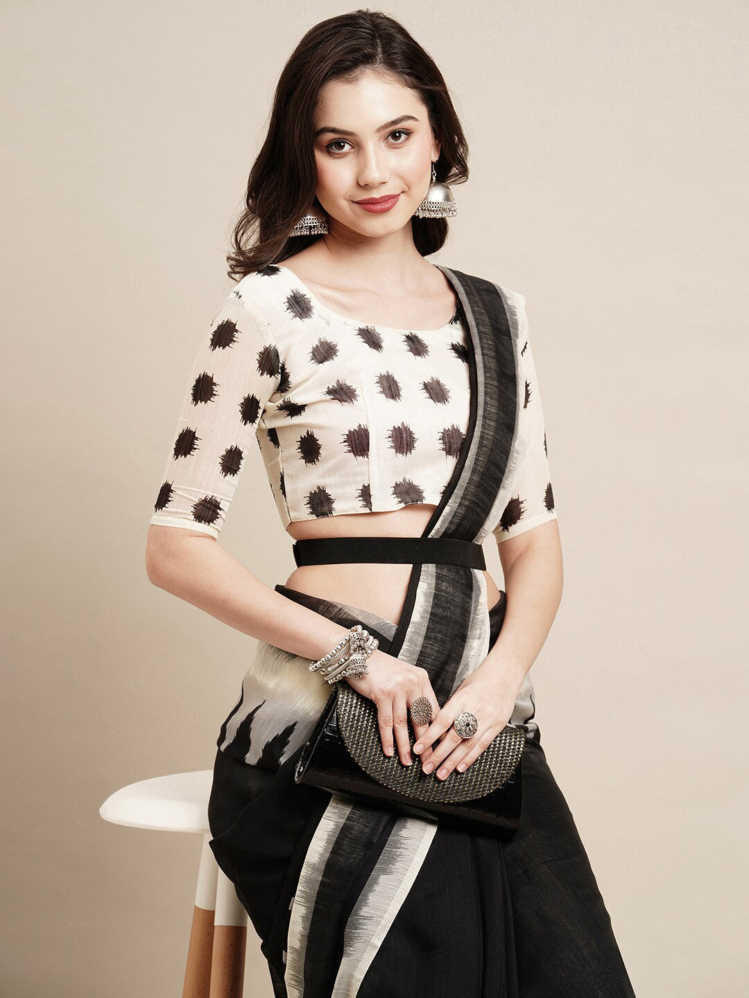 Saree Mall Black & White Pure Cotton Saree | Grocsy