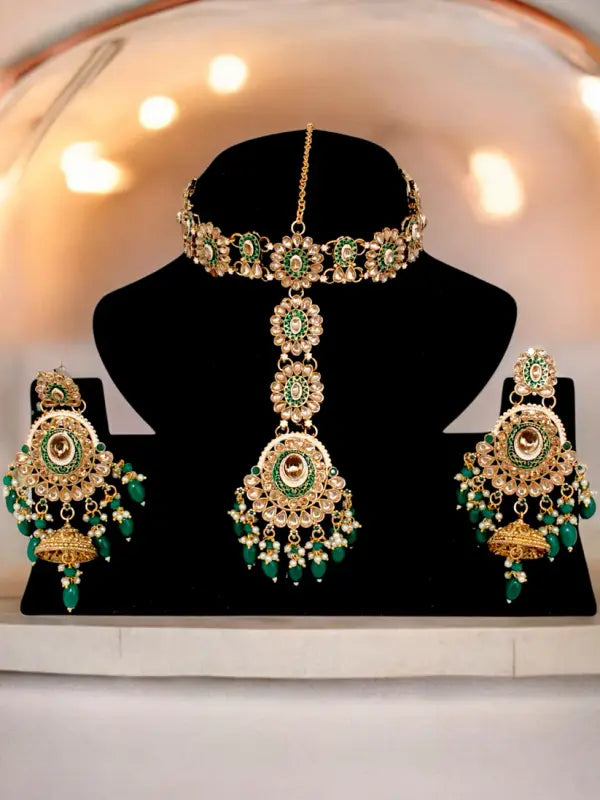 Tehzeeb Creations Traditional Designer Kundan Stone Green Meenakari Choker Bridal Set | Grocsy