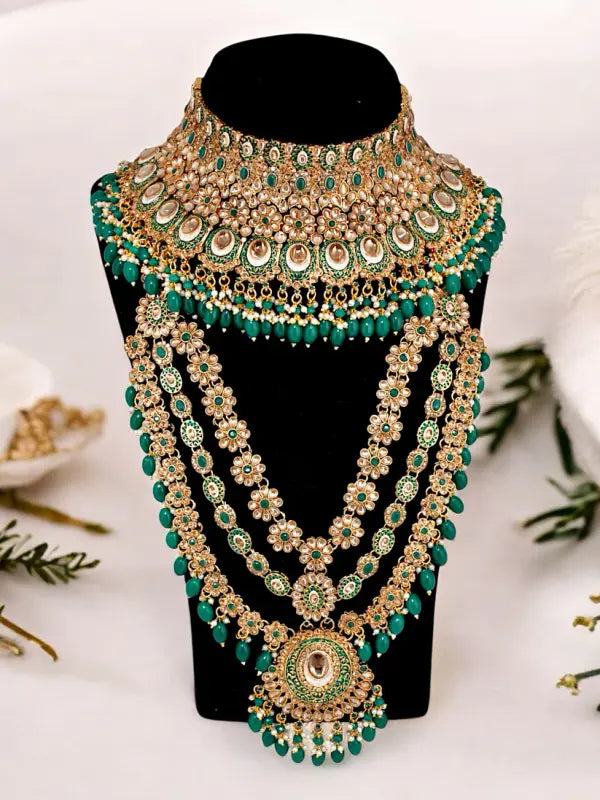 Tehzeeb Creations Traditional Designer Kundan Stone Green Meenakari Choker Bridal Set | Grocsy