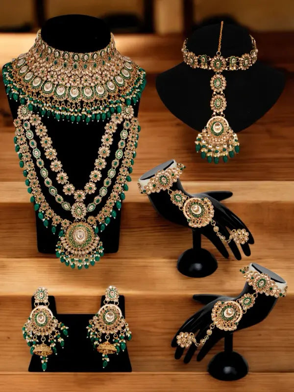 Tehzeeb Creations Traditional Designer Kundan Stone Green Meenakari Choker Bridal Set | Grocsy