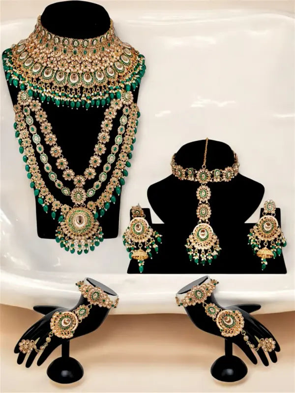 Tehzeeb Creations Traditional Designer Kundan Stone Green Meenakari Choker Bridal Set | Grocsy