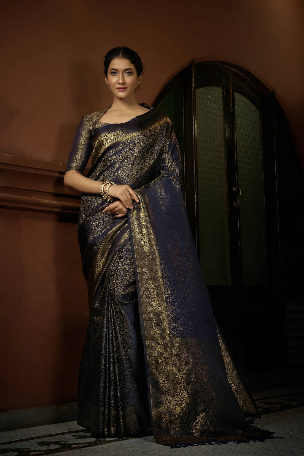 Vardha Prussian Blue Golden Zari Kanjeevaram Silk Saree | Grocsy