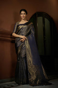 Vardha Prussian Blue Golden Zari Kanjeevaram Silk Saree | Grocsy