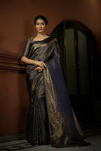 Vardha Prussian Blue Golden Zari Kanjeevaram Silk Saree | Grocsy