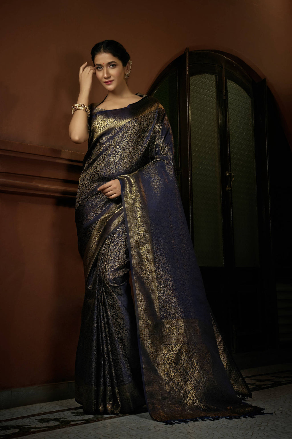 Vardha Prussian Blue Golden Zari Kanjeevaram Silk Saree | Grocsy