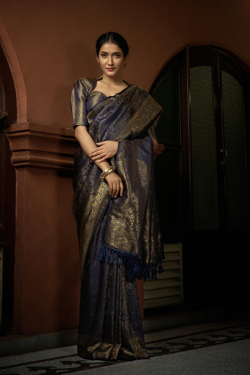 Vardha Prussian Blue Golden Zari Kanjeevaram Silk Saree | Grocsy