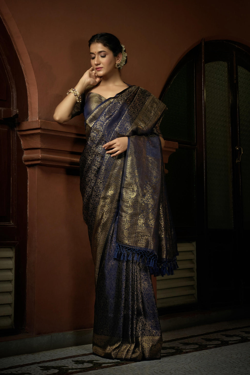 Vardha Prussian Blue Golden Zari Kanjeevaram Silk Saree | Grocsy